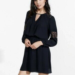 Express NWT Black Long Sleeve Chiffon Yoke Lace Inset Pleated Detail Dress